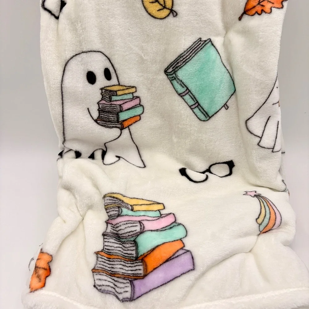 Booville! Halloween Velvet Soft Throw Blanket Ghost Bookworm Rainbow Bibliophile